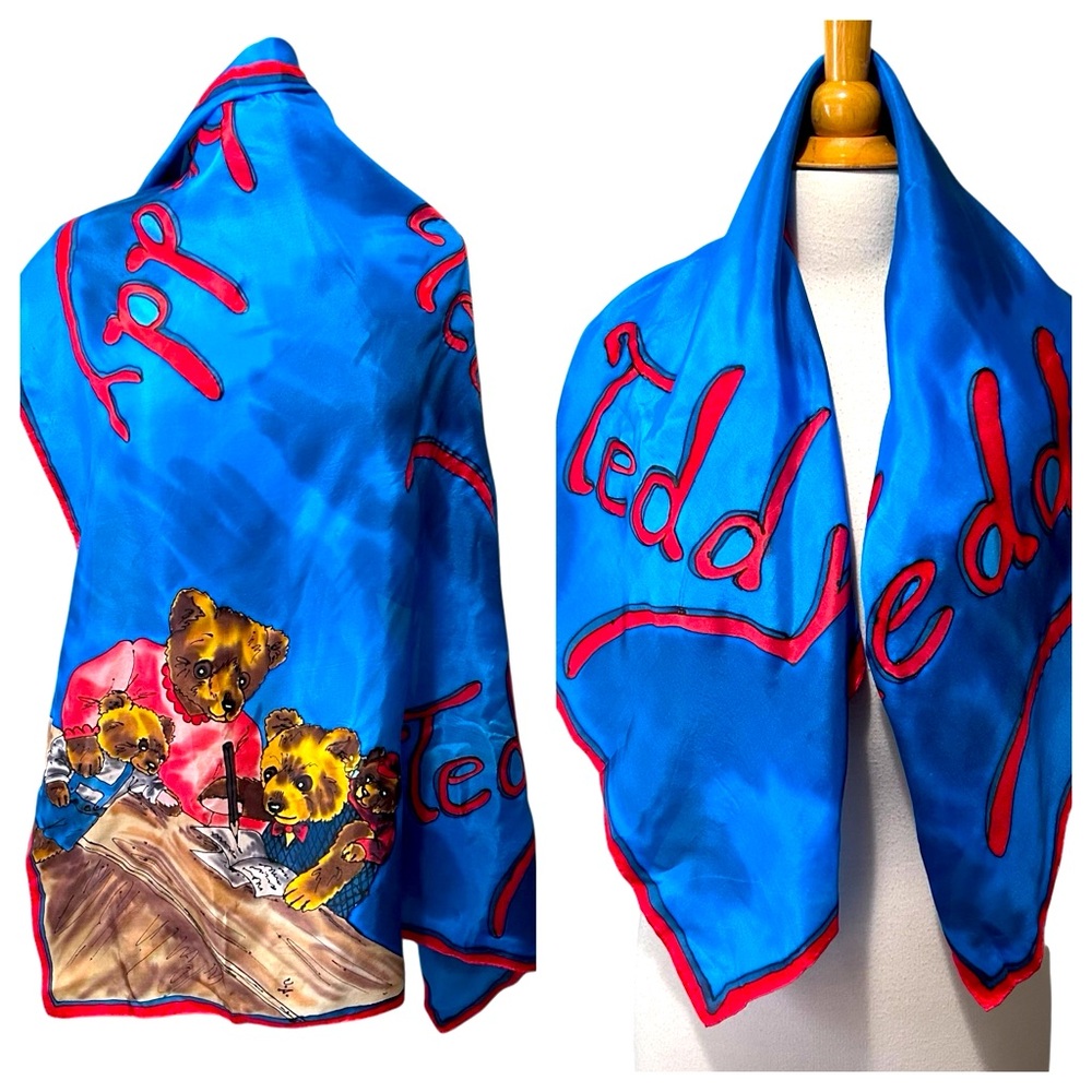 Vintage Teddy Bear Hand Painted Silk Scarf